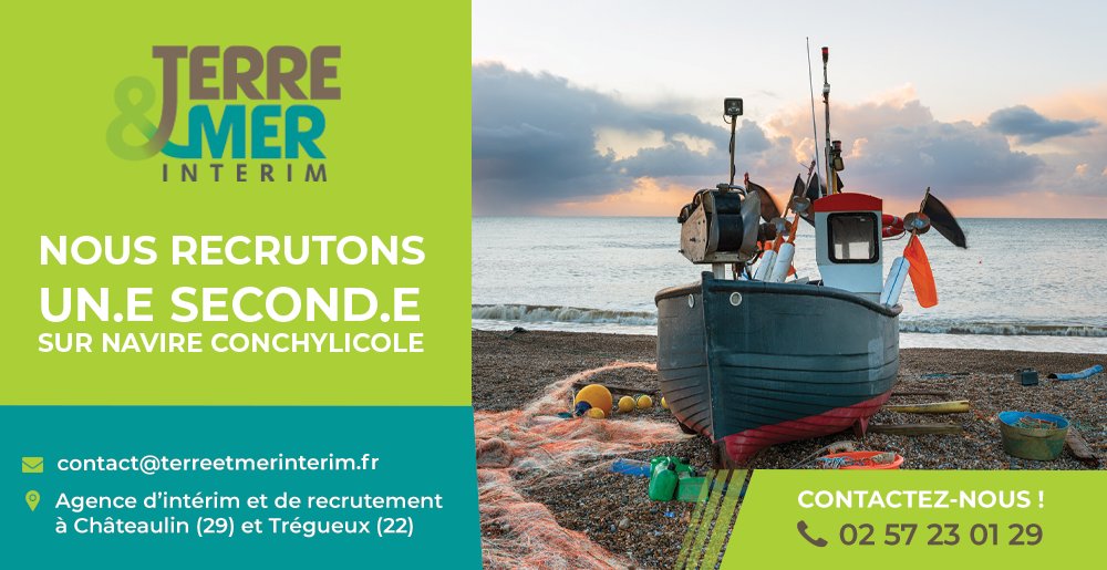 URGENT
📢OFFRE D'EMPLOI
Nous recrutons un #SECOND SUR #NAVIRE CONCHYLICOLE (H/F) à #CROZON (29)
RECRUTEMENT
 
Contactez-nous au 02 57 23 01 29 et envoyez votre CV à contact@terreetmerinterim.fr ou annonces-interim.bzh/terre--mer-int…
 
 À bientôt ! 😉
#Recrutement #Métiersdelamer