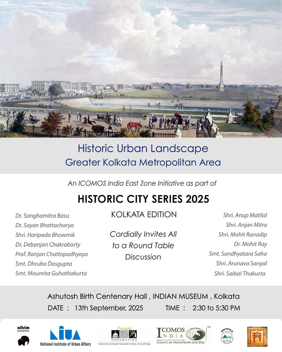 Indian Museum, Kolkata will host the Historic City Series 2025 – Kolkata Edition on 13 Sept.

Organised by ICOMOS India East Zone, in collaboration with ICOMOS India, Dronah Foundation, NIUA, Altrim Publishers &amp; Heritopolis.

📍 IMK | 🕝 2:30–5:30 PM

#HistoricCitySeries2025