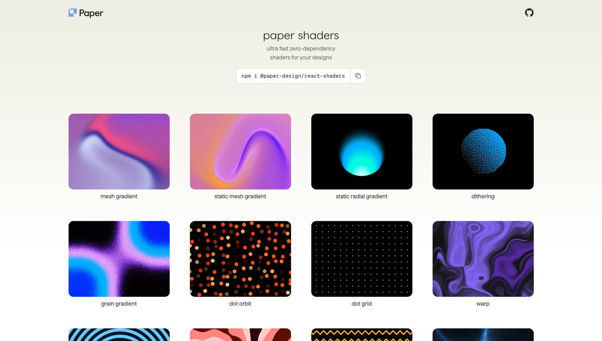 Contohnya

Paper Shaders
shaders.paper.design

Bisa test visual dan implementasi code langsung, seperti gradient mesh, dot grid, smoke ring, fluted glass sampai efek water.