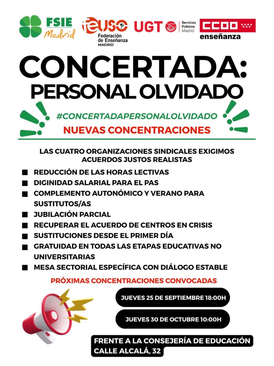 🟢 𝗟𝗔 𝗖𝗢𝗡𝗖𝗘𝗥𝗧𝗔𝗗𝗔 𝗦𝗘 𝗠𝗢𝗩𝗜𝗟𝗜𝗭𝗔 🟢

🚨 Denunciamos el abandono de la <a href="/educacmadrid/">Educación▪️Comunidad de Madrid</a> y llamamos a todos los trabajadores/as de la #concertada a participar en las próximas concentraciones.

#ConcertadaPersonalOlvidado

Noticia completa 👉🏼 acortar.link/6sZiQo