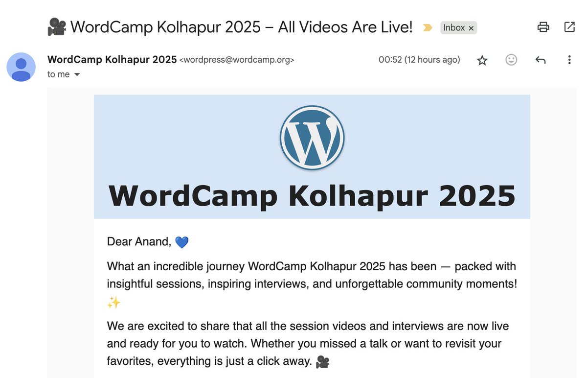 Anand Upadhyay | Organizer #WCAsia (@anandau14) on Twitter photo Kudos to <a href="/WPKolhapur/">WordPress Kolhapur Community</a> ๐ for putting all their session videos on WordPress.tv & YouTube and sharing this update.
I wish to see such an email coming from every WordCamp. Iโve attended excellent talks at many WordCamps and kept telling others to watch them later on Kudos to <a href="/WPKolhapur/">WordPress Kolhapur Community</a> ๐ for putting all their session videos on WordPress.tv & YouTube and sharing this update.
I wish to see such an email coming from every WordCamp. Iโve attended excellent talks at many WordCamps and kept telling others to watch them later on