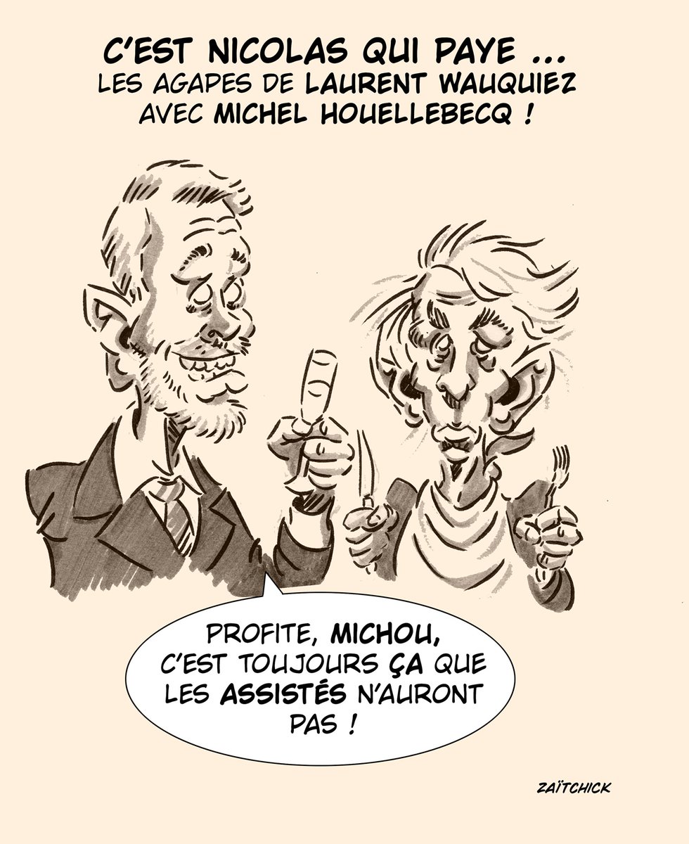 BlaguesDessins's tweet photo. Le #DessinDePresse de Zaïtchick : Agapes the blues
Retrouvez les dessins de Zaïtchick sur : https://t.co/VQNx0gcoo7
#DessinDeZaitchick #ActuDeZaitchick #Humour #Wauquiez #Houellebecq #LaurentWauquiez #MichelHouellebecq #Agapes #Festins #NicolasQuiPaie https://t.co/l2yGSmrwcj