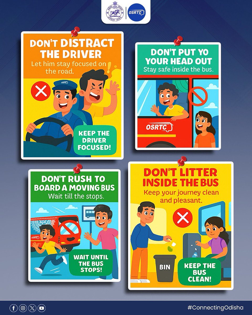 OSRTC_Odisha's tweet image. When you travel, a little mindfulness ensures a smooth journey for everyone. Avoid actions that may disturb the driver or put you at risk, & always respect basic travel manners. 
Together, we can make every OSRTC journey safe & worry-free.
#connectingodisha #osrtcforall