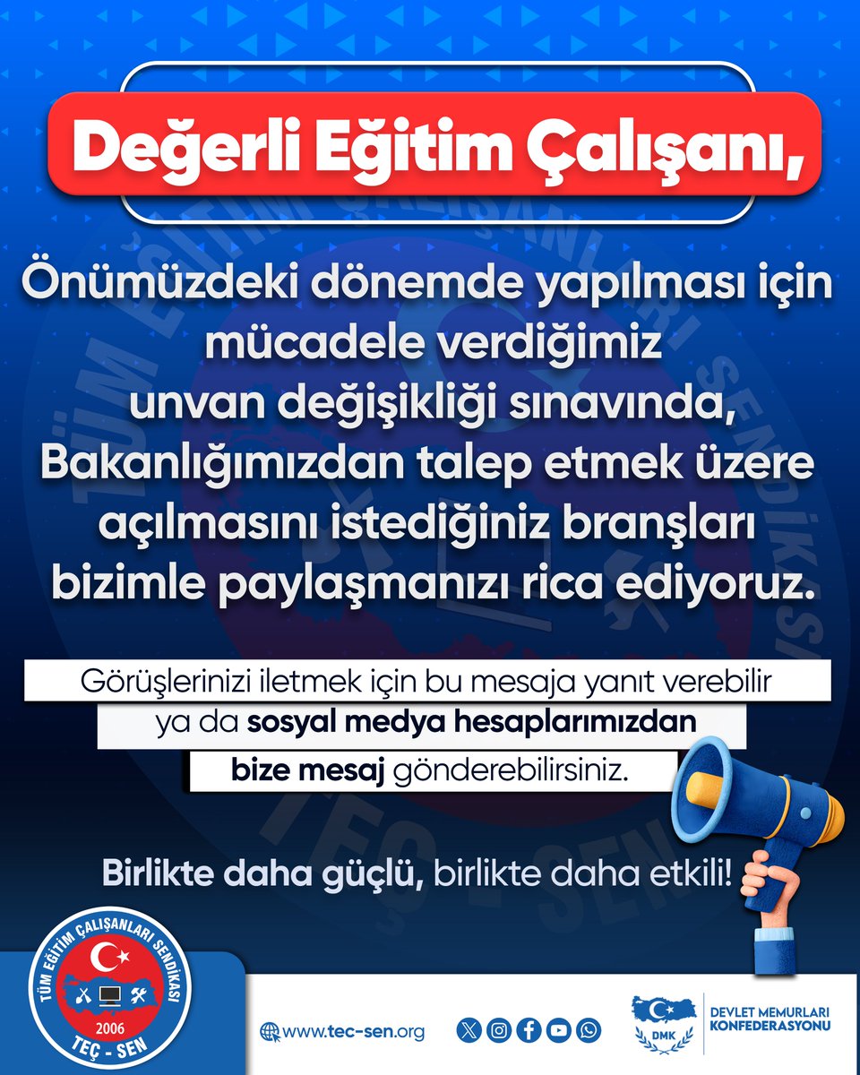 📢Değerli eğitim çalışanı,

Önümüzdeki dönemde yapılması için mücadele verdiğimiz unvan değişikliği sınavında, Bakanlığımızdan talep etmek üzere açılmasını istediğiniz branşları bizimle paylaşmanızı rica ediyoruz.

👉 Görüşlerinizi iletmek için bu mesaja yanıt verebilir ya da