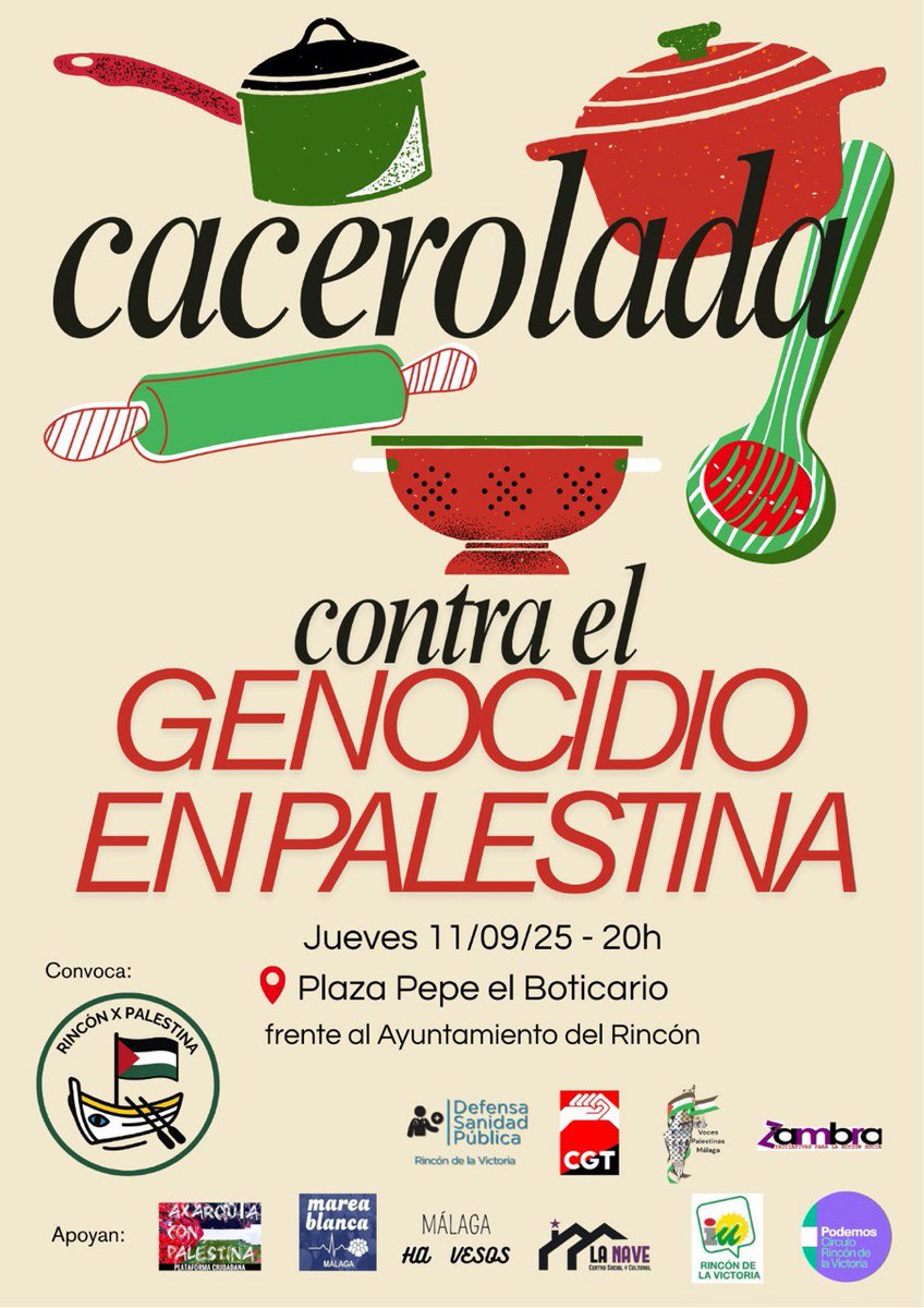 📣No podemos permanecer en silencio nos vemos todos los jueves en Rincón de la Victoria para parar juntxs la masacre del pueblo palestino.

#StopGenocide #freepalestine
