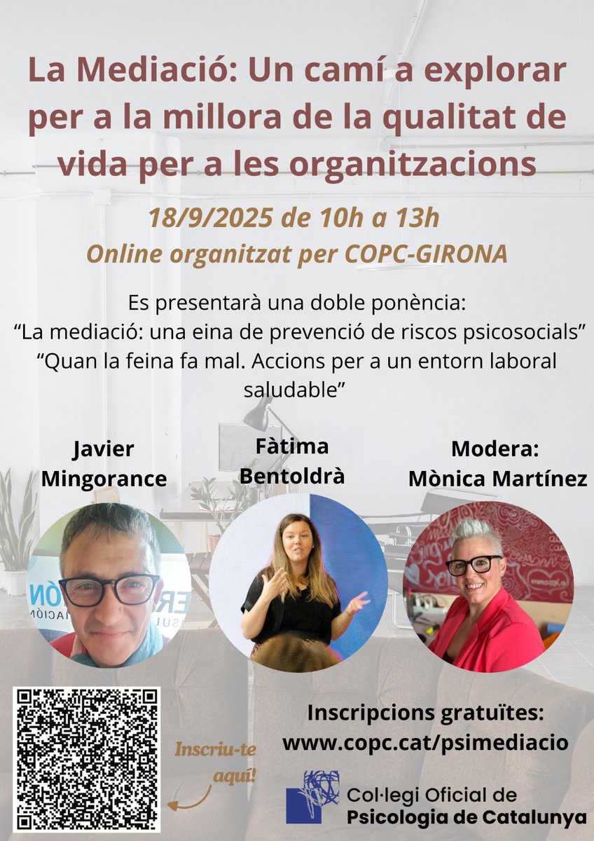La Mediació: Un camí per explorar per a la millora de la qualitat de vida per a les organitzacions
📆18/9/25, 10h-13h
📍Online
📝Inscripcions: copc.cat/es/event/jorna…