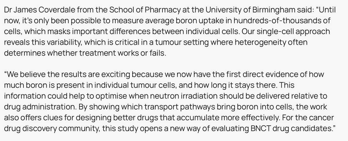 'A new technique has measured boron in individual cancer cells for the first time, enabling researchers to better understand how drugs act to kill tumours in some cancers.'
New exciting work from Dr James Coverdale, Lecturer in Pharmaceutical Biology. Links in Next tweet.