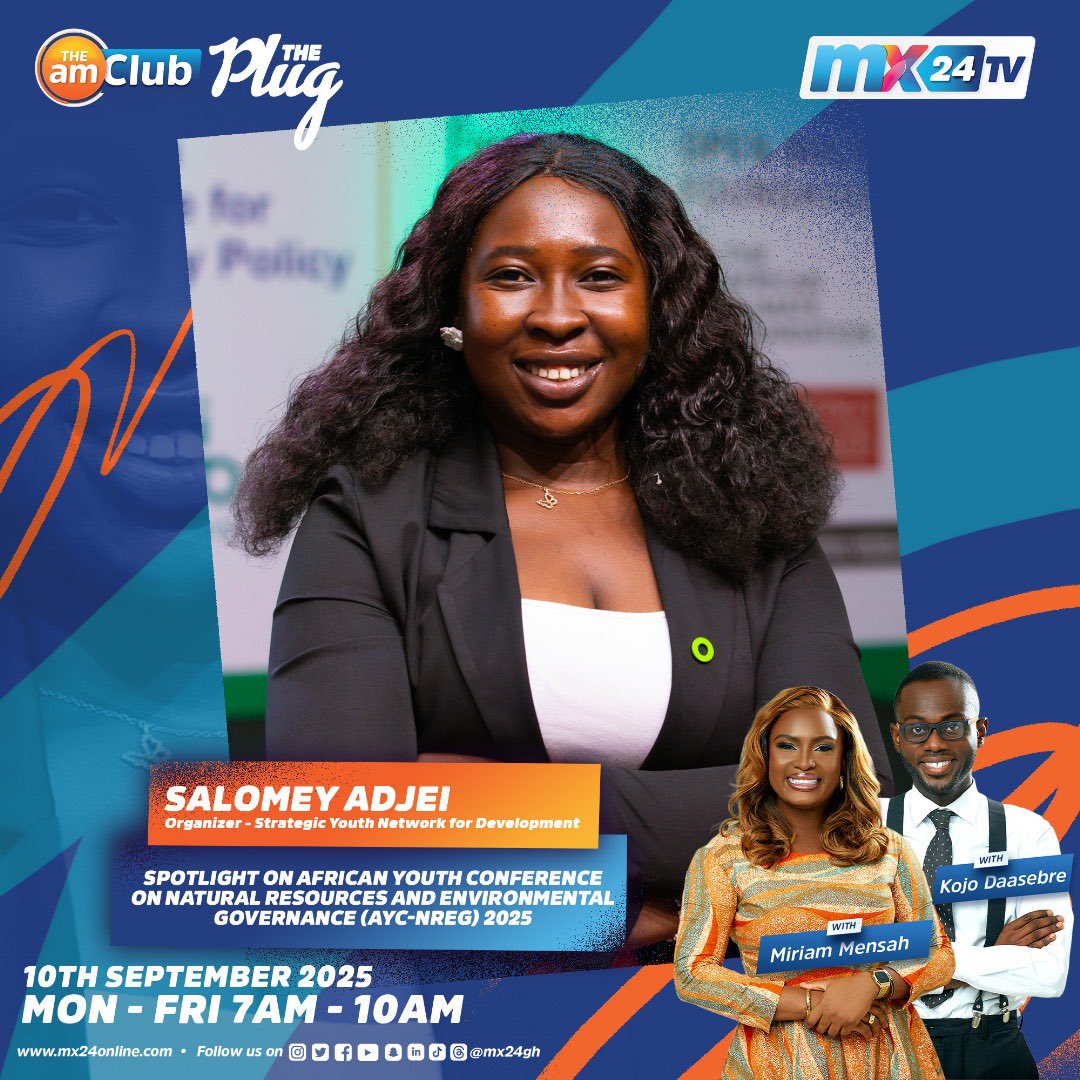 In the build-up to the African Youth Conference (AYC-NREG) 25’, my colleague and I will be live on MX24 TV’s AM Club, the Plug today at 7AM – 10AM

We’ll be sharing highlights on the conference &amp; the need to amplify youth voices to shape Africa’s sustainable future. 
#AYCNREG2025