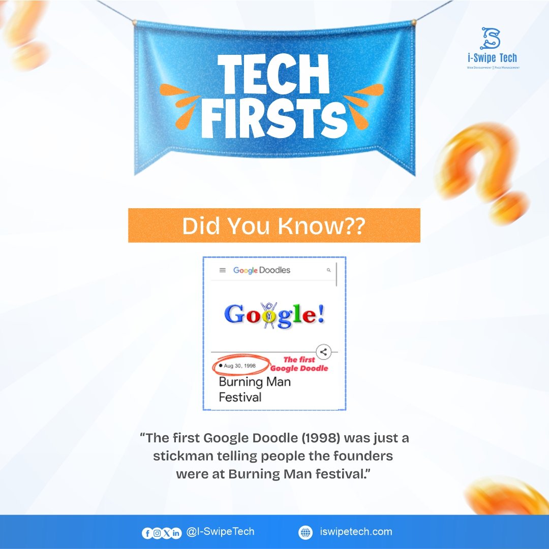 ISwipeTech's tweet image. Did you know?
The 1st Google Doodle (1998) was just a stickman telling users the founders were at Burning Man!

Today, doodles are colorful, interactive &amp;amp; global. 

 Which one’s your favorite?

#ISwipeTech #TechFirsts #DigitalSkills