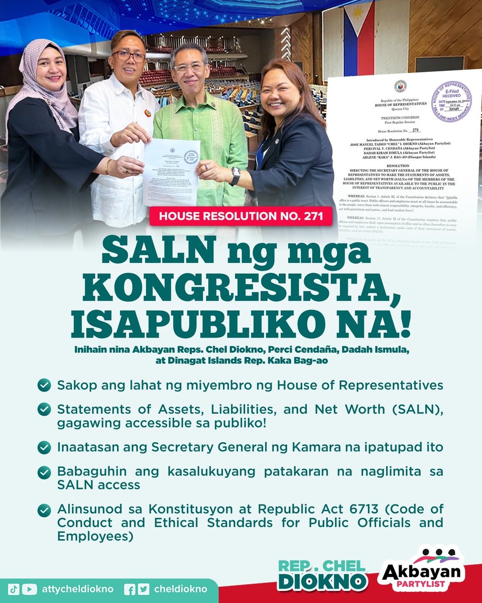 ChelDiokno's tweet photo. Dapat manguna ang mga mambabatas sa TRANSPARENCY at ACCOUNTABILITY. Kaya’t inihain ng Akbayan Partylist ang House Resolution No. 271, para isapubliko ang SALN ng lahat ng kongresista.

Babaguhin nito ang kasalukuyang patakaran na naglimita sa SALN access. The Constitution is clear: public office is a public trust. If we truly want to weed out corruption, lawmakers must first open themselves to scrutiny.