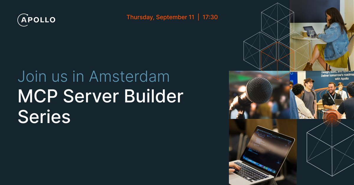 Apollo (@apollographql) on Twitter photo 🚀 Amsterdam devs & builders: join us Sept 11 for an interactive evening on MCP server development!
Hear from leaders <a href="/Ace_KYD/">Adewale</a>
<a href="/matteocollina/">Matteo Collina</a>
<a href="/debergalis/">matt debergalis</a>
<a href="/jetbrains/">JetBrains</a>
<a href="/grafbase/">Grafbase</a>
Talks, demos, networking & a Dutch bar 🍻. RSVP now—spots limited: luma.pulse.ly/rr5he4ax6w 🚀 Amsterdam devs & builders: join us Sept 11 for an interactive evening on MCP server development!
Hear from leaders <a href="/Ace_KYD/">Adewale</a>
<a href="/matteocollina/">Matteo Collina</a>
<a href="/debergalis/">matt debergalis</a>
<a href="/jetbrains/">JetBrains</a>
<a href="/grafbase/">Grafbase</a>
Talks, demos, networking & a Dutch bar 🍻. RSVP now—spots limited: luma.pulse.ly/rr5he4ax6w