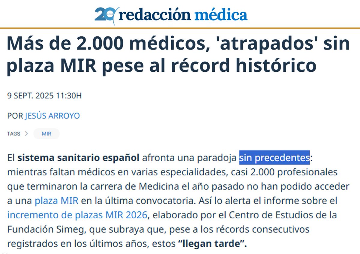 ¿Cómo que "sin precedentes"?
¿Nunca ha oído hablar de la bolsa de 20.000 médicos sin especialidad y sin trabajo de los años 80?
elpais.com/diario/2002/12…