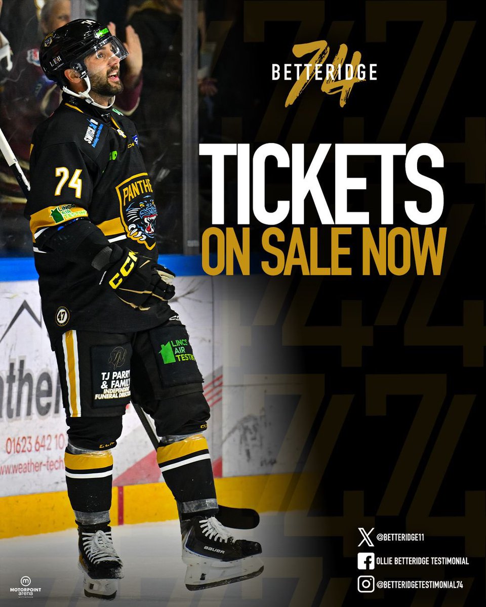 Tickets are now LIVE for my Testimonial Game on Tuesday 18th Nov, 19:00! 🏒

🎟️: tickets.motorpointarenanottingham.com/shows/show.asp…

📧@panthersIHC Season Ticket Holders get an exclusive two-week early-bird window with reduced prices, check your emails for your link!

Don’t miss out on a special night! 💛