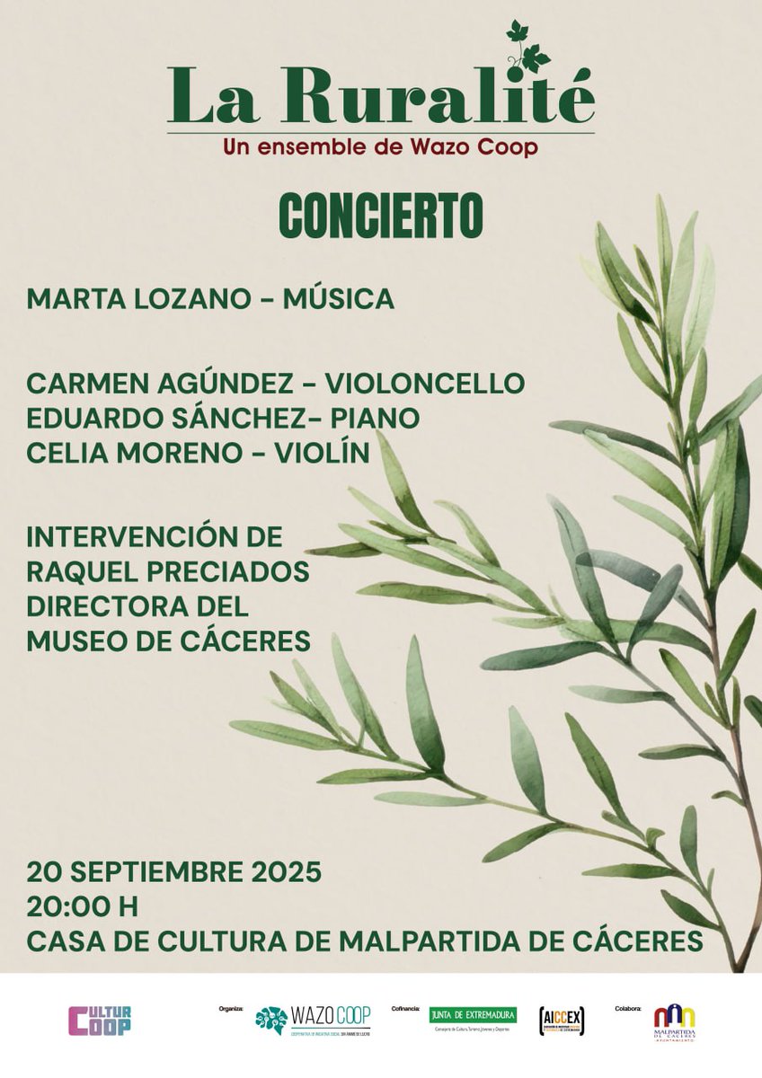 🎶 La Ruralité – Un ensemble de Wazo Coop llega a Malpartida de Cáceres.
🗓 Sábado 20/09 · 20:00 | 📍 Casa de Cultura
Con Marta Lozano (música), Carmen Agúndez (violonchelo), Eduardo Sánchez (piano) y Celia Moreno (violín) e intervención de Raquel Preciados, directora del Museo