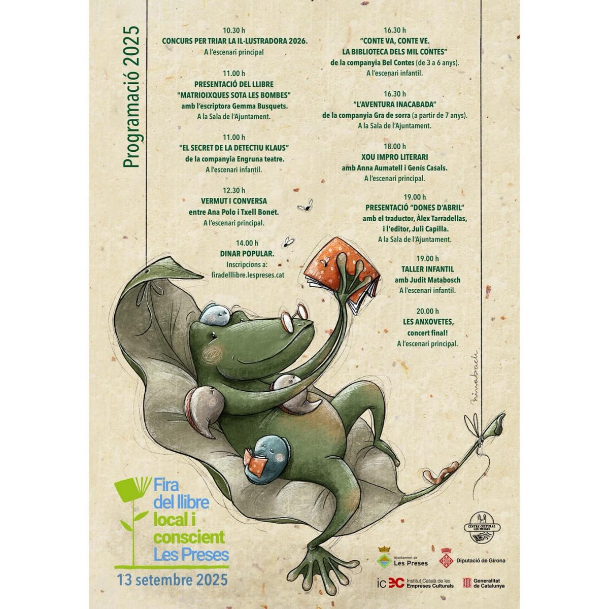 Què fer a la Garrotxa?    

Fira del llibre local i conscient 📚
•  
📆 Dissabte, 13 de setembre del 2025  
📍Plaça major de Les Preses  
•
<a href="/lespreses_cat/">Ajuntament de les Preses</a> 
•  
#lespreses #literatura #cultura #lagarrotxa