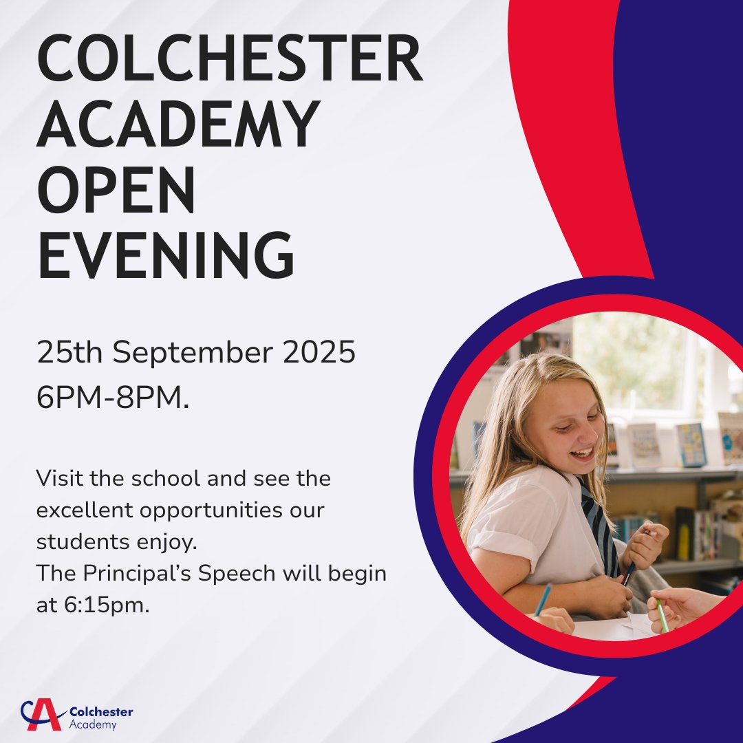 ColchesterAcad's tweet photo. ✨ Join us for our Year 6 Open Evening on September 25th, 2025! Learn how we nurture resilience, excellence and respect in every student, preparing them to thrive in school and beyond. Meet our dedicated staff and brilliant students—we can’t wait to welcome you! #excellence https://t.co/xRBIpeCoUE