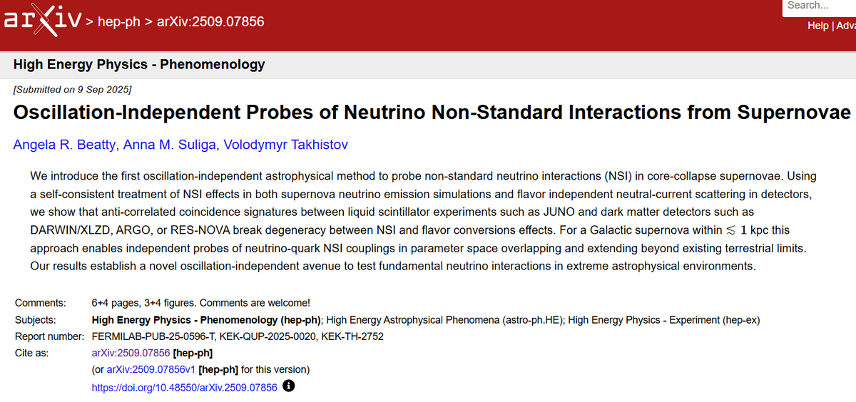 VTakhistov's tweet photo. New paper: https://t.co/cEeP1nJmuF. We show how supernovae can probe new fundamental neutrino interactions, independently of oscillations.
Great lead by Anna Suliga. https://t.co/cxZPXWlfGc