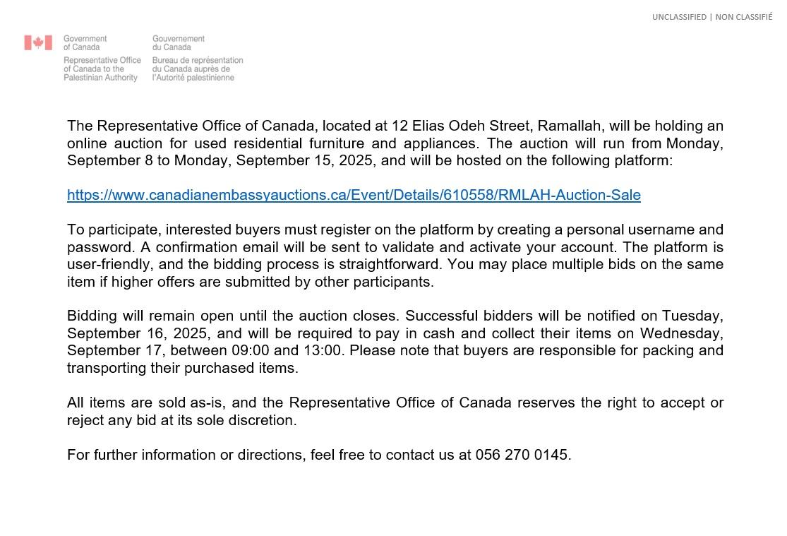 The Representative Office of Canada in Ramallah is conducting a public auction for the sale of used furniture and household appliances. 
canadianembassyauctions.ca/Event/Details/…