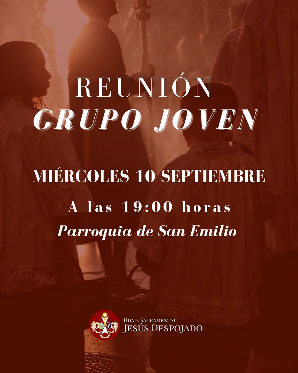 REUNIÓN DEL GRUPO JOVEN

Hoy antes del segundo día de triduo en honor a María Santísima del Dulce Nombre se convoca a los jóvenes de la Hermandad a la primera reunión del curso.

📅 Hoy, miércoles 10 de septiembre
🕖 19:00
📍 Parroquia de San Emilio