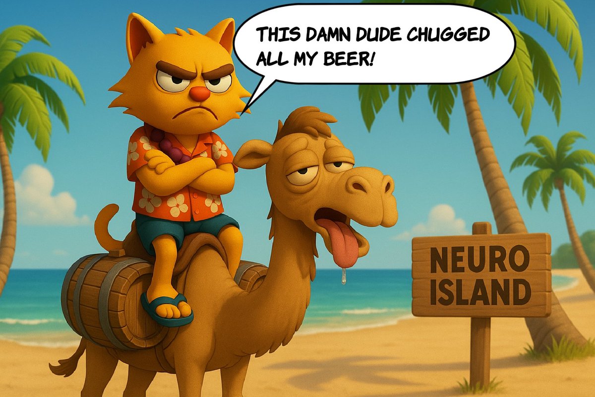 neuroticatcro's tweet image. 🐪 Happy Humpday Neurogang! 🌞

On Neuro Island, Wednesday feels like riding the hump of a drunk camel: shaky, messy… but once you’re on top, it’s all downhill to the weekend! 🚀

So let’s chill, crack open a cold one and let the ocean breeze do the thinking 🍹🍺
’Cause the only…