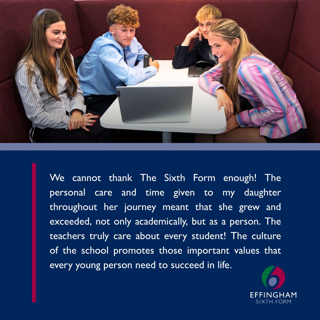EffinghamSixth's tweet photo. Stories from our community remind us how much effort, support and ambition go into every success at Effingham Sixth Form.

Join us at our Open Evening on Thursday 25 September.

Sign up here: https://t.co/MKqEDzXR6X https://t.co/KpGxpzXzBs