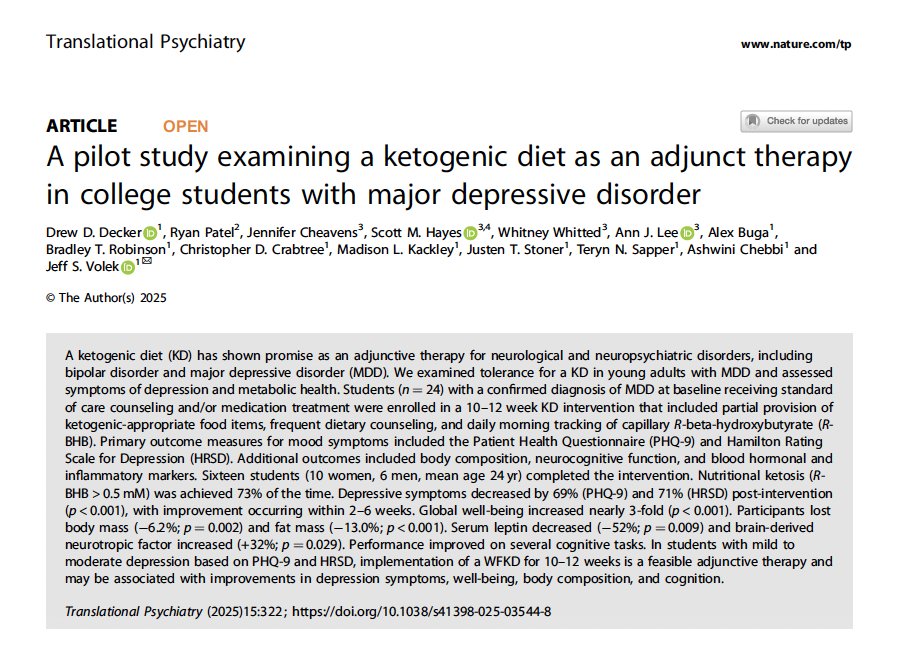 糖質制限を行う「ケトジェニックダイエット」が、うつ病の補助療法としても有効な可能性を示唆する研究。
ケトーシス状態に達したうつ病患者を調査したところ、幸福感の向上とともに抑うつ症状スコアが低下し、認知機能も改善が見られると示唆された。
食生活が精神状態も改善するのかもしれない。
