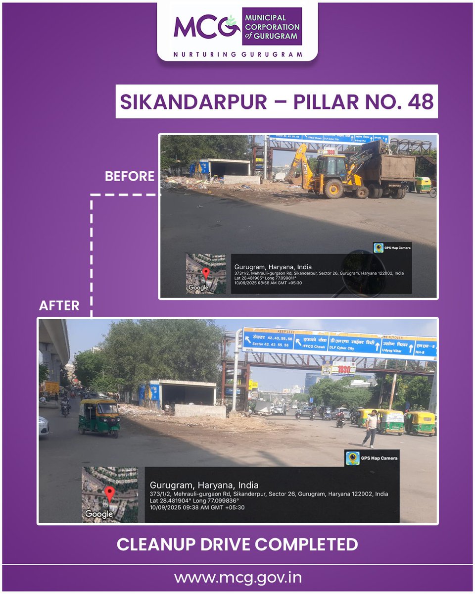 The sanitation team successfully cleared garbage and debris around Pillar No. 48, Sikandarpur. The area is now clean and restored for public use. 

Let’s continue to maintain this cleanliness and report any future dumping to keep our public spaces safe and hygienic.