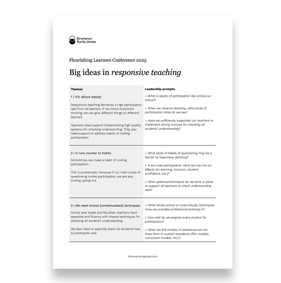 It was an honour to keynote at the brilliant Flourishing Learners Conference this week. My session centred on 3 big ideas in responsive teaching.

1. It's about equity
2. It runs counter to habits
3. It relies on technique

I've written a brief keynote summary (with reflective