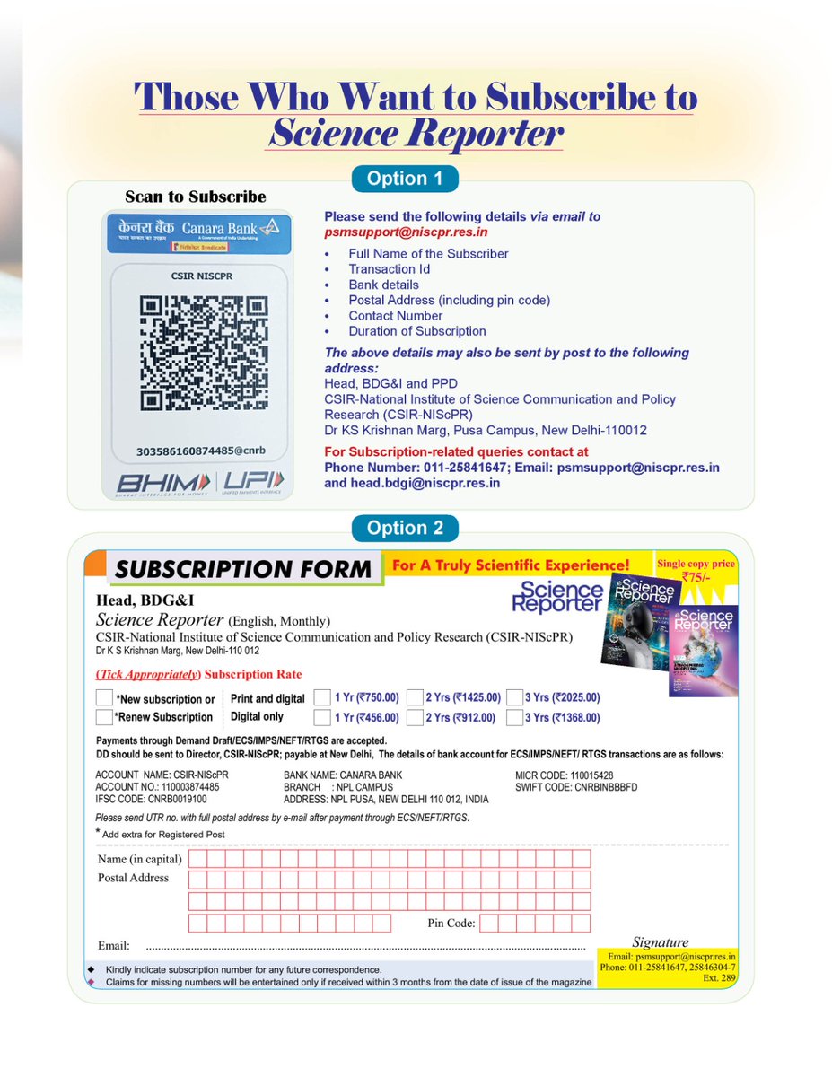 Guidelines for authors eager to contribute to Science Reporter and subscription details for those who want to subscribe to the magazine. 

Link to access the magazine online : nopr.niscpr.res.in/handle/1234567…

Link to access Science Reporter Portal: sciencereporter.niscpr.res.in