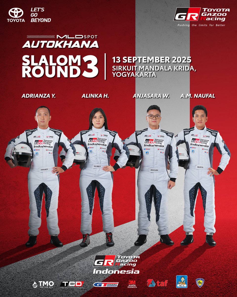 ToyotaID's tweet photo. Dominance Continues! Our team is on fire, and we're ready to slalom our way to victory again! Catch us at Sirkuit Mandala Krida Yogyakarta on September 13, 2025, for Round 3 action!
#ToyotaIndonesia #toyotagazooracing #toyotagazooracingindonesia #TGRI #toyotanewagyagrsport #autokhana2025 #TMOmotoroil #TCDAsiaPacificIndonesia #gtradial #3m #taf #acc