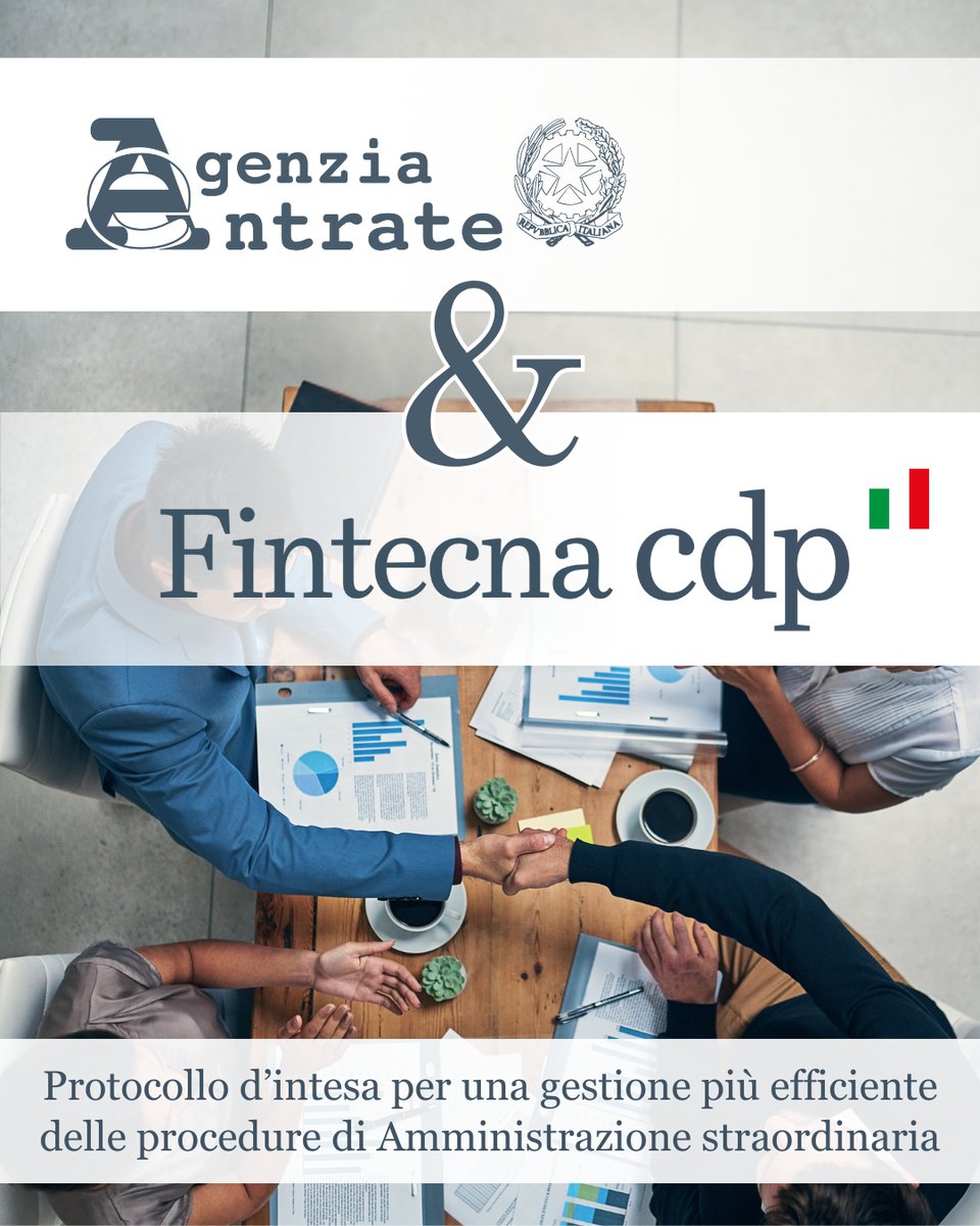 Società in #amministrazione #straordinaria: firmato il protocollo di intesa #AgenziaEntrate-#Fintecna, società del <a href="/GruppoCDP/">Cassa Depositi e Prestiti</a> , incaricata dei processi di #liquidazione complessi. 
Obiettivo: condividere soluzioni per procedure più veloci 👉 t.ly/H461T
