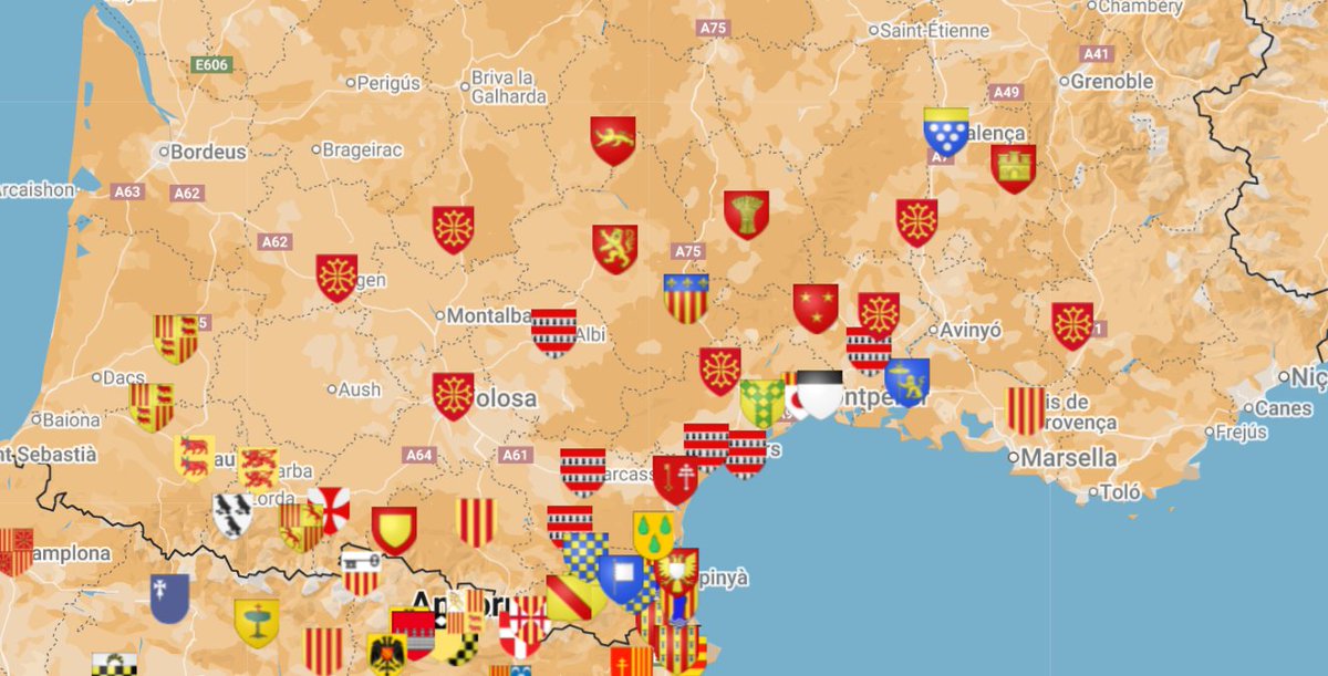 Al mapa es poden veure tots els comtats i Vescomtats Occitans que van formar part del protectorat fins a la Croada Albigesa.

Amb la mort de Pere el Catòlic el 1213 a la batalla de Muret es van perdre totes les aspiracions continentals de la corona.

mapadecastells.cat