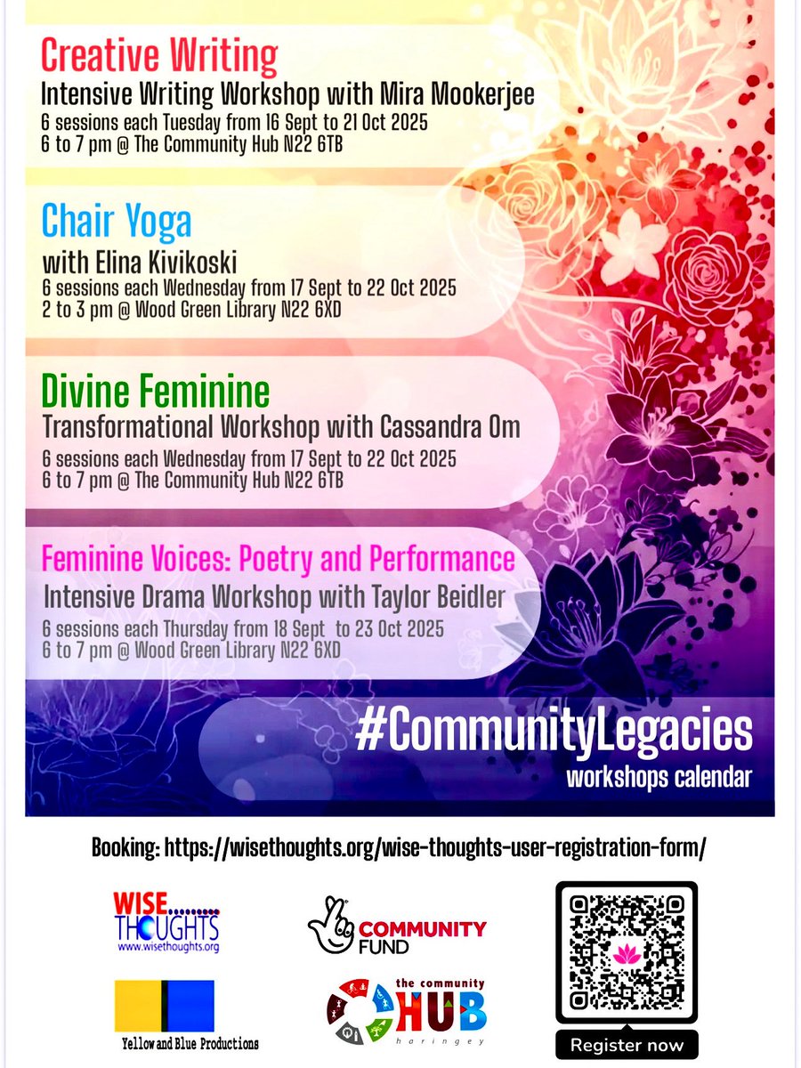 Starts next week. Exciting #Culture #Arts #Yoga #CommunityLegacies workshops in Wood Green N22, booking open: wisethoughts.org/wise-thoughts-… <a href="/TCHubHaringey/">TheCommunityHub-Haringey</a> <a href="/haringeylibrary/">Haringey Libraries</a>