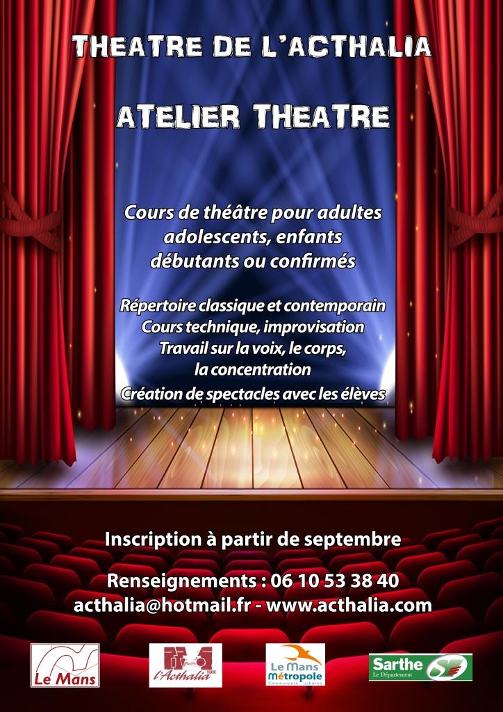 Vous voulez vous initier au théâtre ou vous perfectionner ? Les inscriptions aux ateliers théâtre sont ouvertes. Réunion d'information 24 septembre à la Chapelle de l'Oratoire, Lycée Montesquieu.
- 19h présentation des ateliers enfants. 
- 20h30  présentation des ateliers adultes
