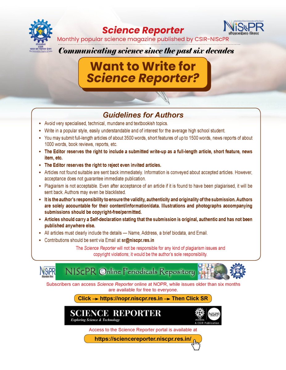 SMCC_NIScPR's tweet image. 📖 Be part of Science Reporter!

💡 Writers: Follow the author guidelines to contribute.

🌍 Readers: Subscribe today for inspiring stories in science.

🔗 Read Online: nopr.niscpr.res.in/handle/1234567…

🔗 Visit: sciencereporter.niscpr.res.in

#84YearsofCSIR #ScienceReporter #WriteForScience…