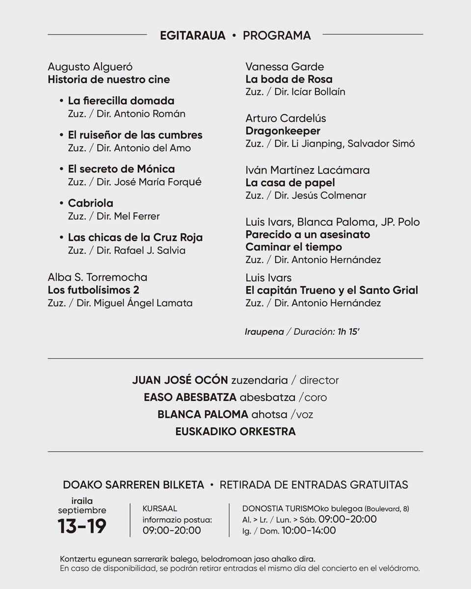 #73SSIFF 🎼 Donostia Zinemaldiak, <a href="/euskadiorkestra/">Euskadiko Orkestra</a>-k eta #SGAEFundazioa-k Kontzertua &amp; Proiekzioa eskainiko dute Belodromoan irailaren 20ean, larunbata.

🎞️ Musikazale, zinemazale eta, oro har, ikusleentzat, soinu-banden joaldi sinfonikoa eta horien pelikula-eszenen muntaketa