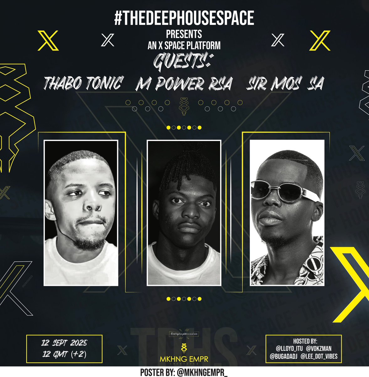 For the love of #deephouse the love of beats &amp; dance we present #TheDeepHouseSpace🎙️

Lineup for Fridays instalment of #TheDeepHouseSpace 

<a href="/ThaboTonick_M/">Thabo Tonick</a>
<a href="/MPowerRSA/">M-Power RSA</a>
<a href="/SirMos_SA/">#LeanOnLoveOutNow</a> 

🗓️ Friday 12 September 2025
🕰️ 12pm SAST
📍 X Spaces
x.com/i/spaces/1vAxR…