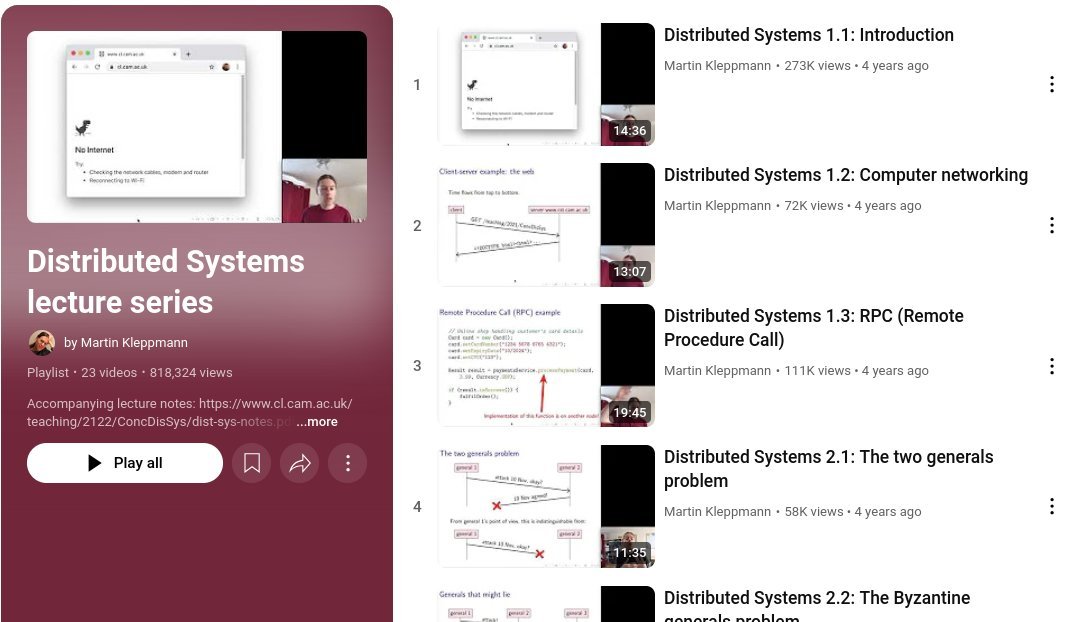Martin Kleppmann's "Distributed Systems"  

Playlist: youtube.com/playlist?list=…

Lecture Notes: cl.cam.ac.uk/teaching/2122/…
