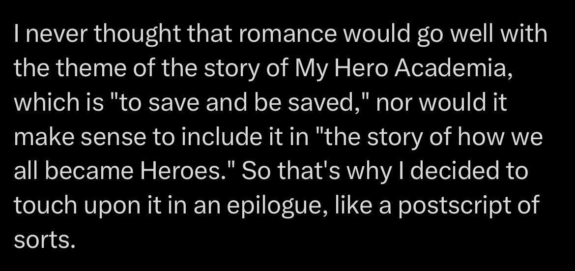 BlockJoshu94953's tweet photo. @Lorensemi9 Horikoshi confirmed that the only time he decided to try to touch upon romance was in the epilogue with who lololol https://t.co/RcVp8MSMjb