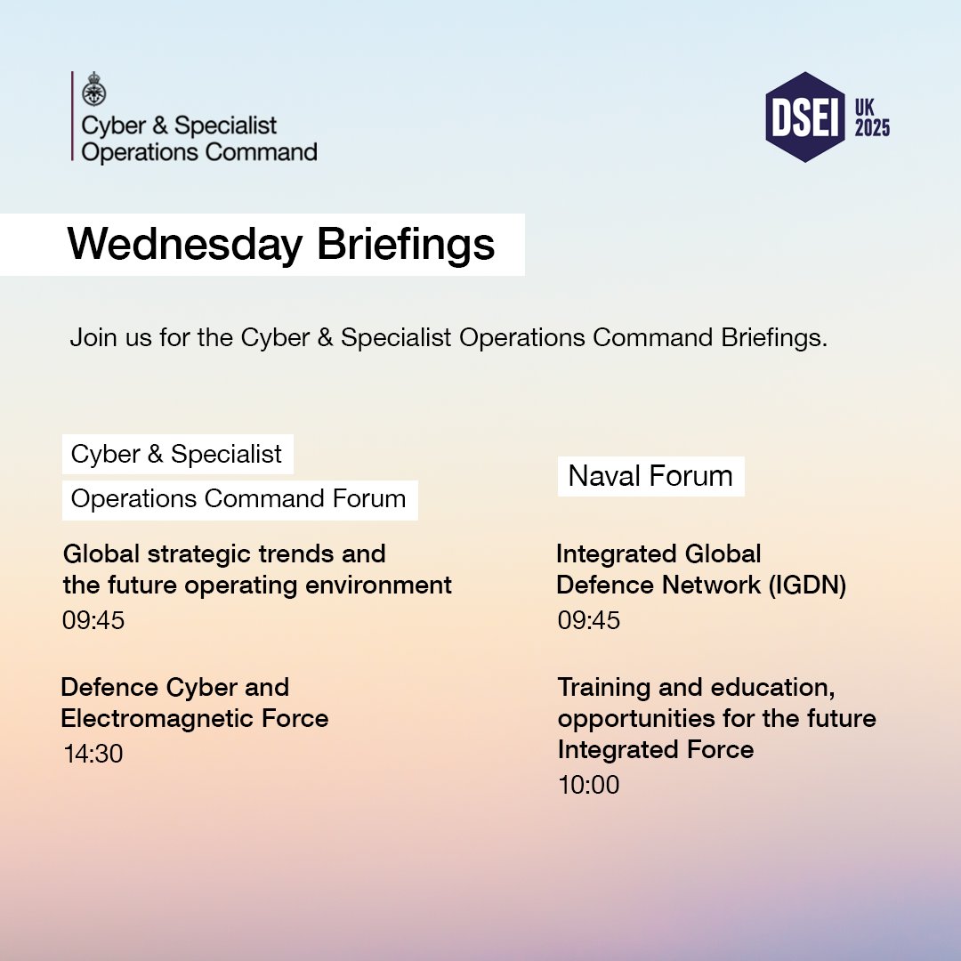 Head to one of our briefings today at #DSEIUK2025! 

Learn about how we are adapting to modern warfare in an ever- evolving landscape.
 
📲 Find out more: gov.uk/guidance/cyber…

#CSOC #Defence #Cyber #Specialists #warfare
