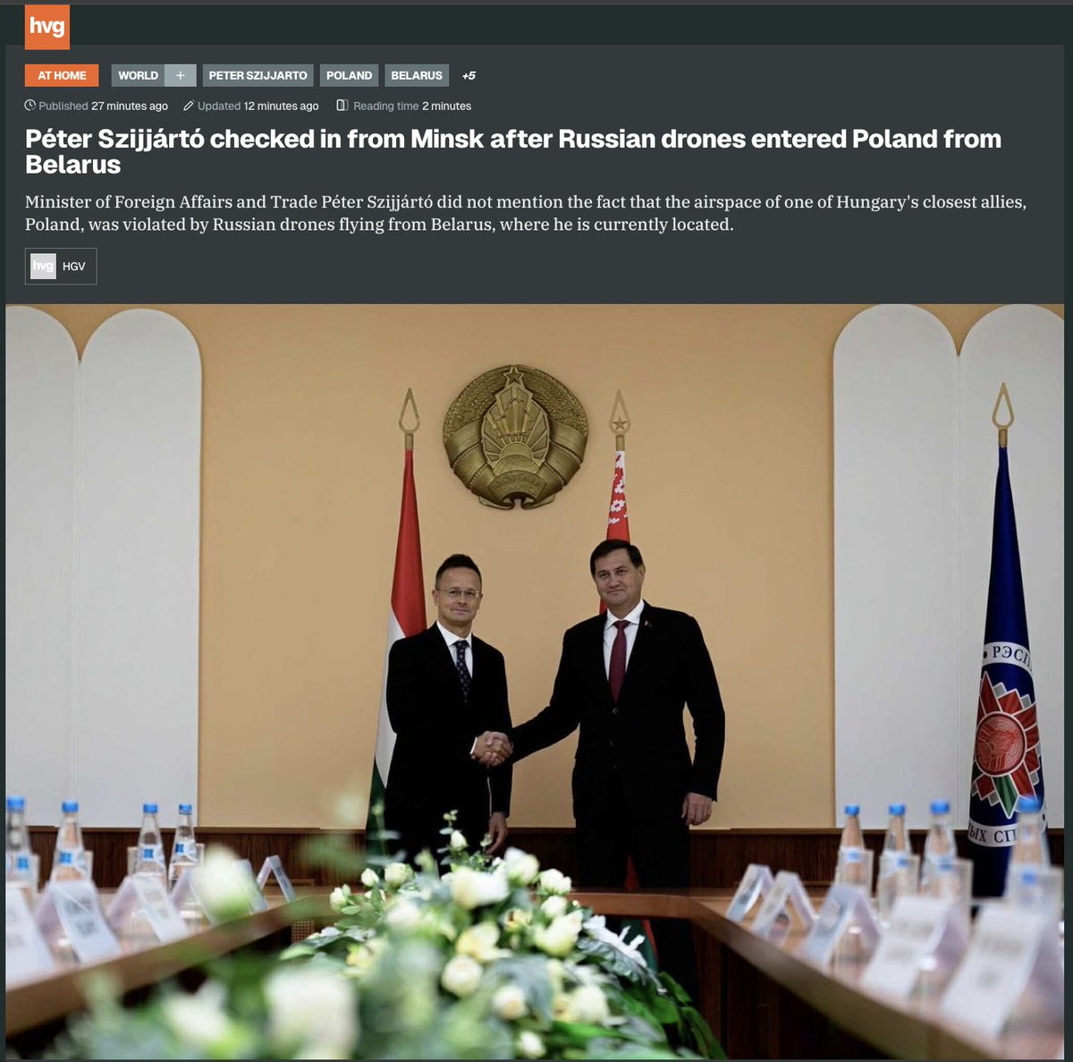 🤯Hungarian media is baffled: why is Orbán’s foreign minister — recipient of Russia’s Order of Friendship from Lavrov — in Belarus, just as armed Russian drones entered Polish/NATO airspace from Belarus?

Shouldn’t he be showing solidarity with Poland rather than courting Minsk?