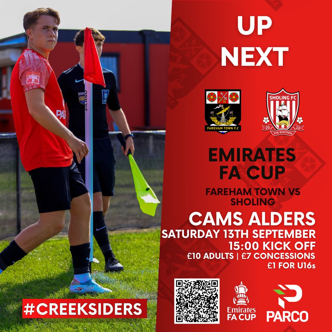 farehamtownfc's tweet photo. IT’S A BIG ONE THIS WEEKEND!!!

We host @sholingfc in the next round of the @EmiratesFACup at Cams Alders. 

Tickets available to buy online:
https://t.co/cuHMglpJ7R

See you there! 

#Creeksiders ❤️🖤 https://t.co/8HnOpOXAtT