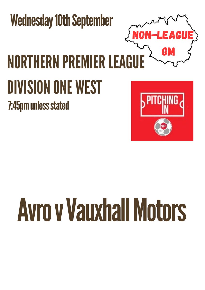 There's a game tonight in <a href="/NorthernPremLge/">The Pitching In Northern Premier League</a> Div 1 West, s <a href="/AvroFC/">Avro FC</a> host Vauxhall Motors 

The Ro sit in 8th currently with 2 wins &amp; 2 losses so far, but can move into the playoff spots with a win tonight