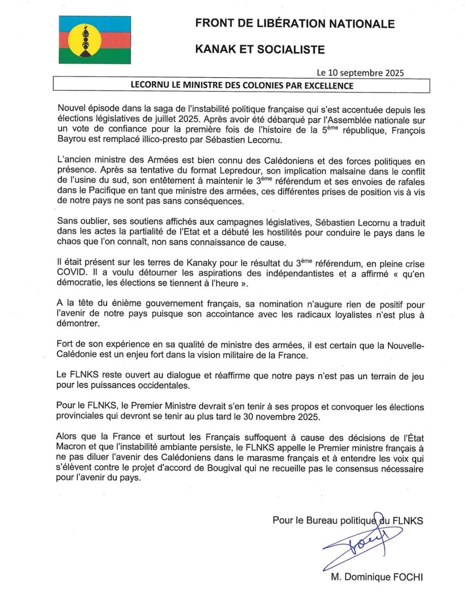Réaction du bureau politique du FLNKS face à la nomination de Sébastien Lecornu en tant que premier ministre :