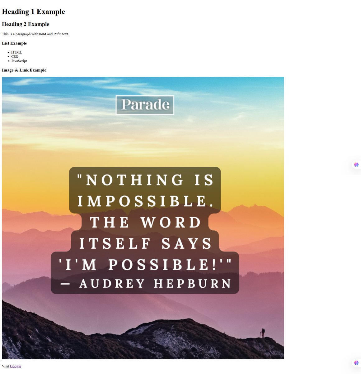dev_samreen's tweet image. Tags Practice
Explored basic HTML tags – headings, paragraphs, lists, links & images.
It feels amazing to build from scratch 💻✨
#100DaysOfCode #HTML #FrontendDev