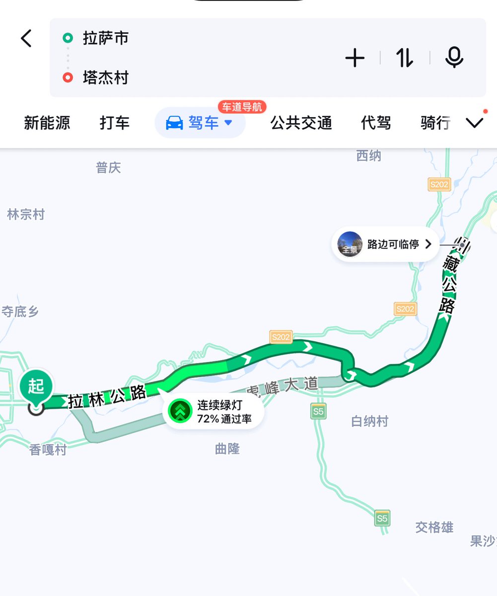 百度或高德导航从“拉萨市”到“塔杰村”都首选的这条路线，路边有很多可以停车的地方。