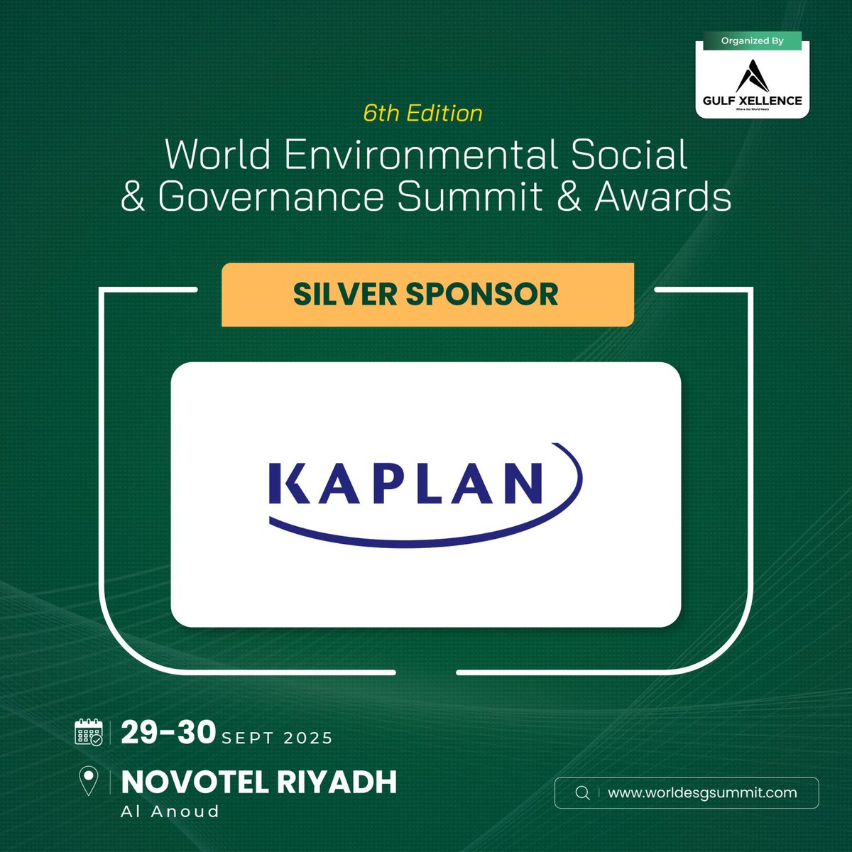 We are delighted to announce that Kaplan has joined us as a (Silver Sponsor) for the upcoming 6th edition of the World ESG Summit to be held in Riyadh, Saudi Arabia, on September 29-30, 2025. 

Learn more at kaplanmena.com