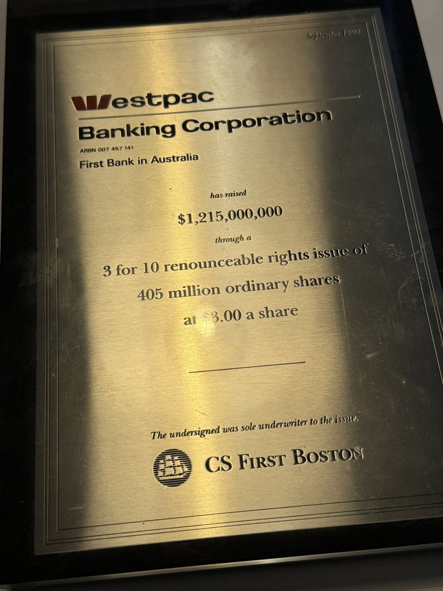 33 years ago, Westpac did a rights issue to raise capital in the wake of the “recession we had to have”. It was not a recession. It was a full blown financial crisis. Our GFC. Thankfully CSFB underwrote the issue. Let’s hope financial crisis are a thing of the past in Australia.