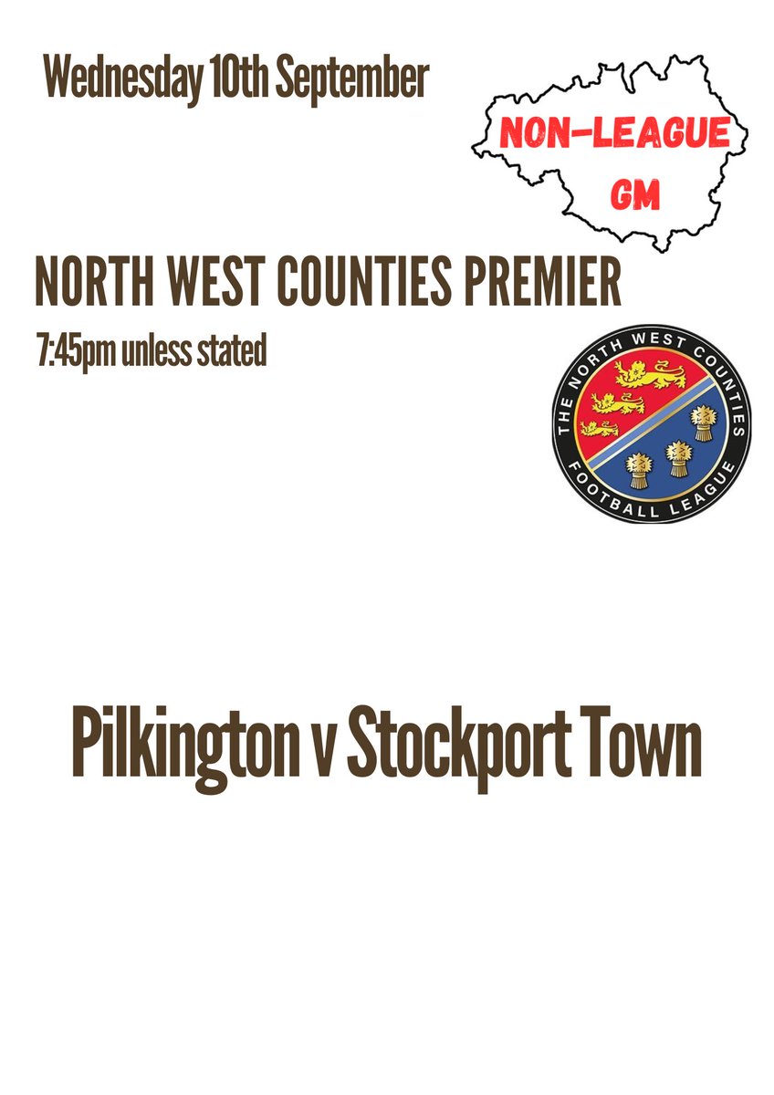 One game too in the <a href="/nwcfl/">The NWCFL ⚽️</a> Premier, as <a href="/StockportTownFC/">Stockport Town FC</a> go to Pilkington 

Town have won 1 of their last 3, but sit in 7th, &amp; can push into the playoff spots with a win tonight