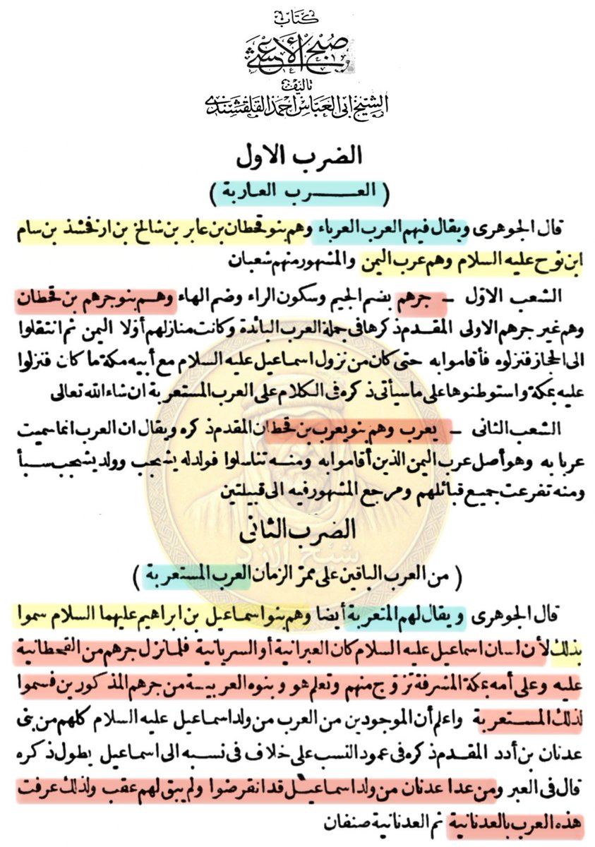 📚أقسام العرب:

"العرب الباقية:
1️⃣ العرب العاربة -العرباء- من قحطان بن عابر وهم جرهم بن قحطان ويعرب بن قحطان
2️⃣ العرب المستعربة -المتعرّبة- وهم بني إسماعيل عليه السلام سمو بذلك لأن إسماعيل تعلم العربية من جرهم القحطانية، وكل نسله انقرضوا عدا بني عدنان" 

القلقشندي الغطفاني ت٨٢١هـ